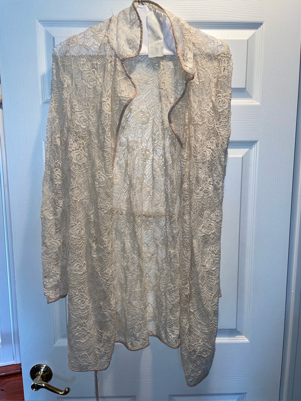 Mystree Lace Overlay Cardigan in Ivory and Blush Trim. Super nice